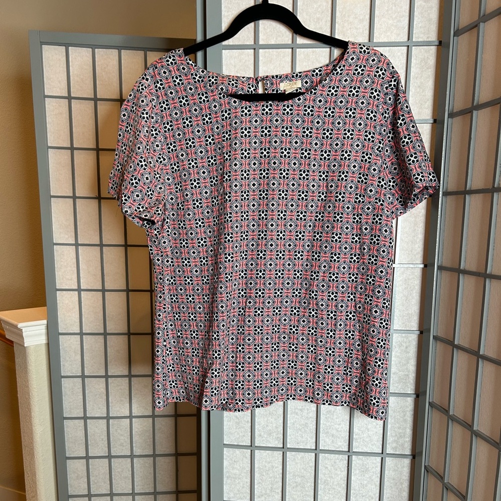 J. Crew Pink and Navy Geometric Blouse